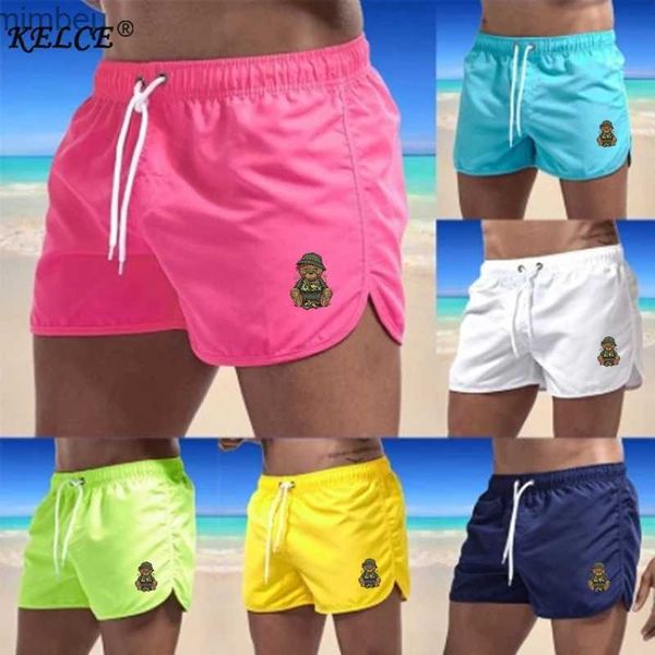 Shorts masculinos verão mens swimwear urso impresso shorts marca beachwear sexy nadar troncos homens maiô cintura baixa respirável praia surf 240226