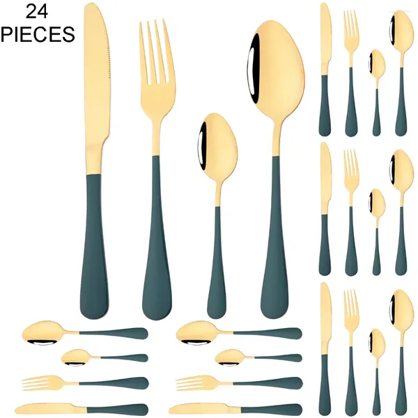 Geschirr-Sets, 24-teilig, Grüngold, Messer, Gabel, Kaffeelöffel, Besteck-Set, Edelstahl, Geschirr, westliches Besteck, Küchenbesteck