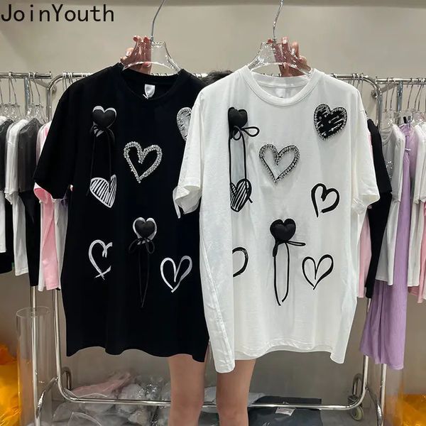 T-shirt bianca da donna estiva 2024 Ropa Mujer T-shirt coreana oversize con o-collo a maniche corte T-shirt Diamond Love Fashion Y2k 240226