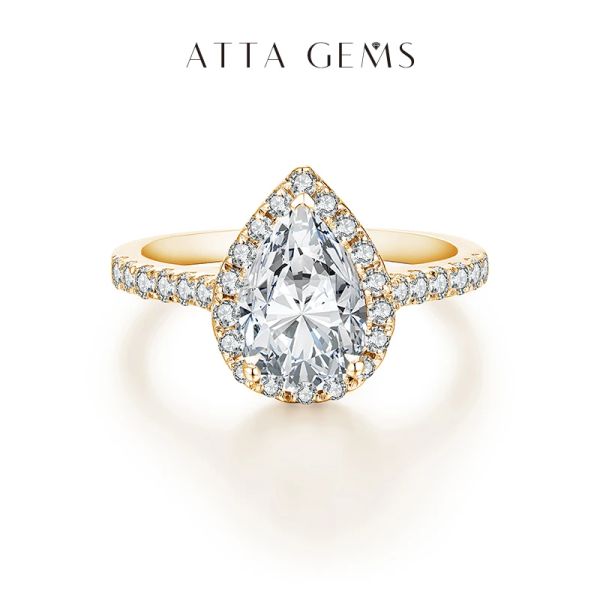 Anéis ATTAGEMS Pear Cut 2.0CT D Cor VVS1 Anel de moissanite de luxo 925 prata esterlina pura 18K 14K 10K anel de noivado de ouro para mulheres