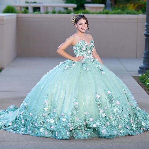 Abito da ballo verde chiaro lucido Abiti Quinceanera con spalle scoperte Appliques in pizzo 3D Perline floreali Tull Vestido De 15 Anos Sweet 16