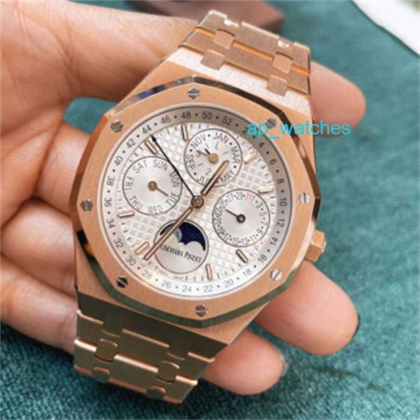 Luxo Audemar Pigue Relógios Mens Watch Royal Oak Series 26574OR 18K Rose Gold Placa Branca Negócios Lazer Relógio Mecânico Automático Calendário Eterno Watc FUN Q94