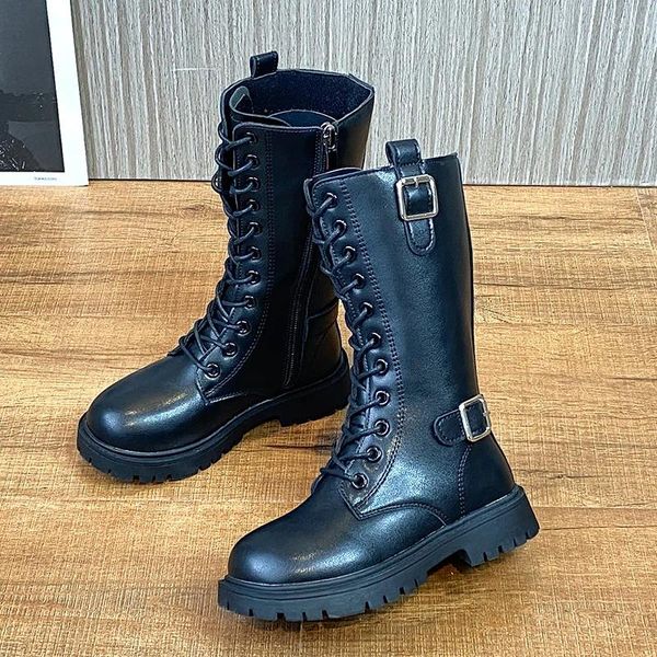 Botas 2024 meninas inverno alto tubo cinto prendedor criança quente crianças neve outono moda microfibra sapato de couro frete grátis