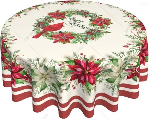 Toalha de mesa vermelha cardinal redonda 60 polegadas floral feliz natal inverno capa decorativa para festa de férias jantar