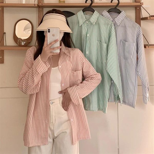 Damen Blusen Grün Gestreiftes Hemd Langarm Lose Bluse Herbst Casual Streetwear Oversize