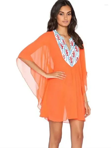 Roupa de banho feminina laranja bordado chiffon blusa praia vestido túnica pareo cover up maiô wear q2