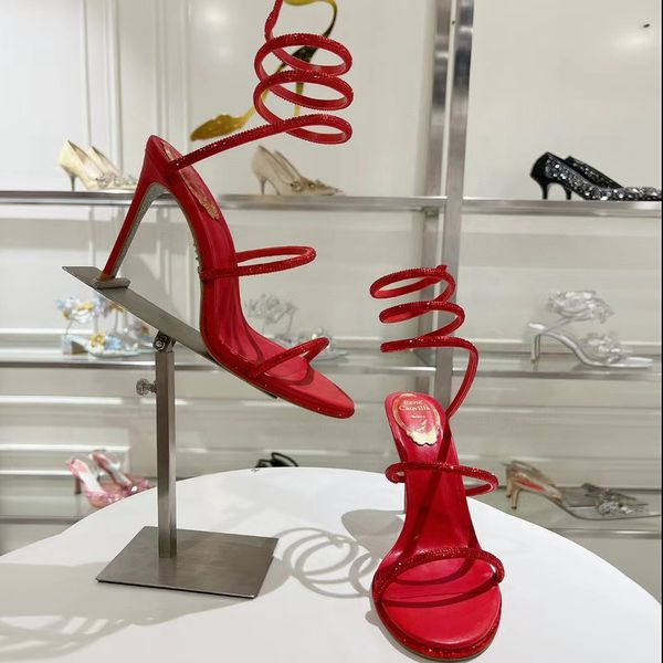 Rene Caovilla waterestone Стилетто Сандалии Стук Страсс 95 -мм красный Cleo Свадебные вечерние туфли женская высокие каблуки спиральные лодыжки дизайнерские дизайнерские туфли для вечеринки туфли обувь