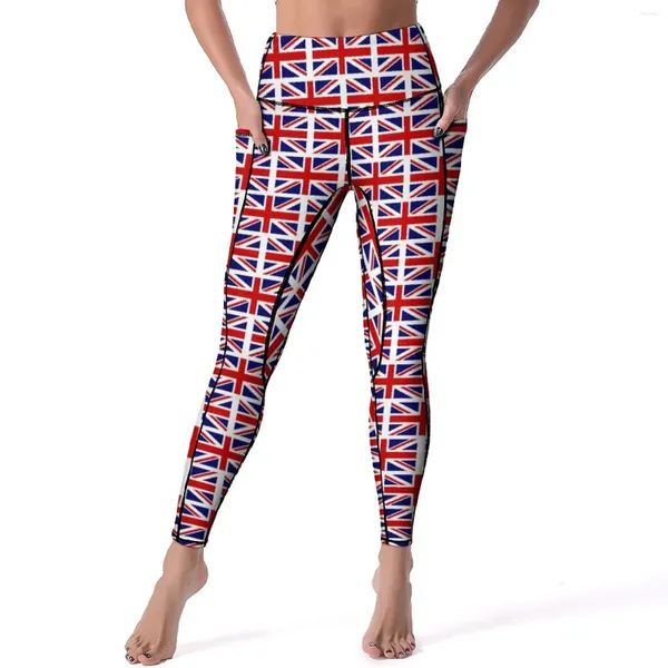 Calças ativas bandeiras do reino unido imprimir leggings bolsos união britânica personalizado yoga push up treino ginásio legging elegante calças esportivas de secagem rápida