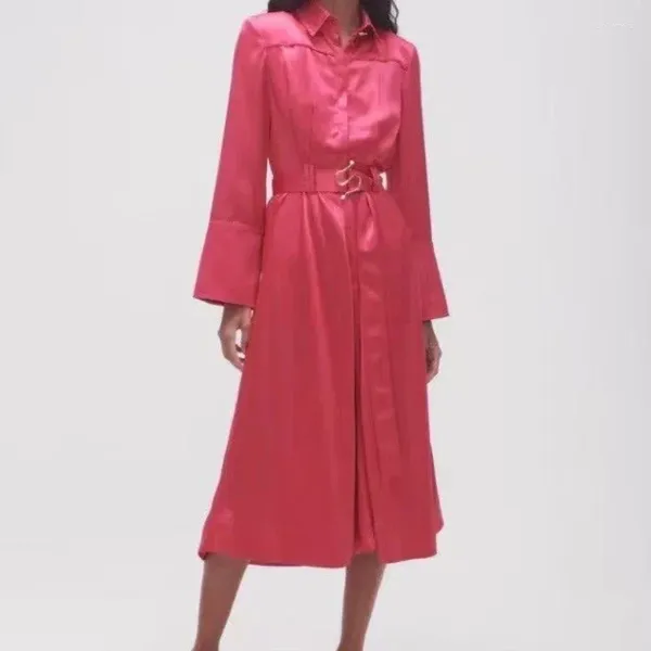 Vestidos casuais 2024 chegadas mulher luxo rosa vermelho verão commuter manga longa botões sólido cinto cintura midi vestido de alta qualidade