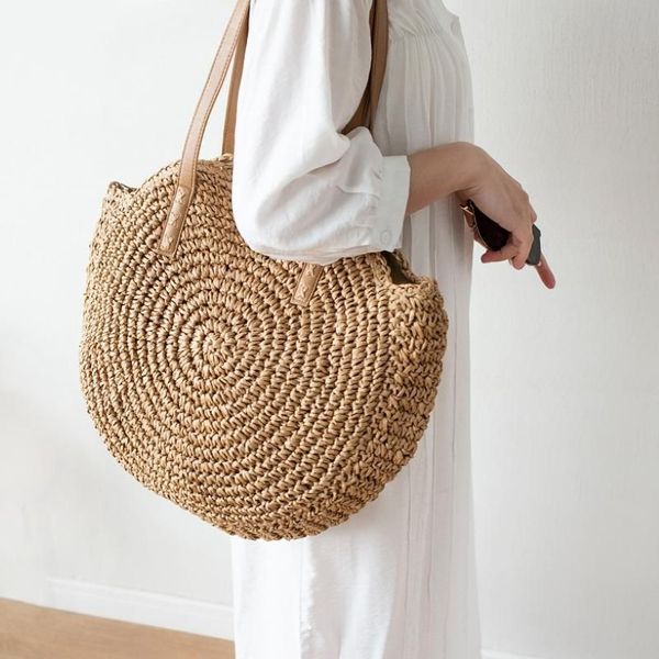 Cross Body Bohemian Round Straw Bag Oco Wikcer Tecido Mulheres Bolsas de Ombro Handmade Rattan Bolsas Verão Praia Grande Tote Trave313g