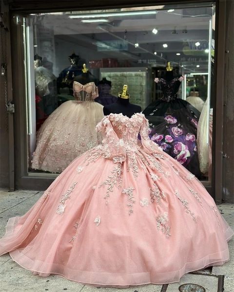 Платье Ball Pink возлюбленная Quinceanera платья для девочек Appliques D Цветочные платья по случаю дня рождения с полным рукавом