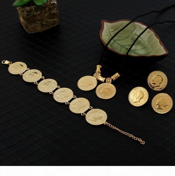 14-karätiges gelbes Echtgold-GF-Münzen-Schmuckset, äthiopisches Porträt, Münzset, Halskette, Anhänger, Ohrringe, Ring, Armband, Größe schwarz rop1986869