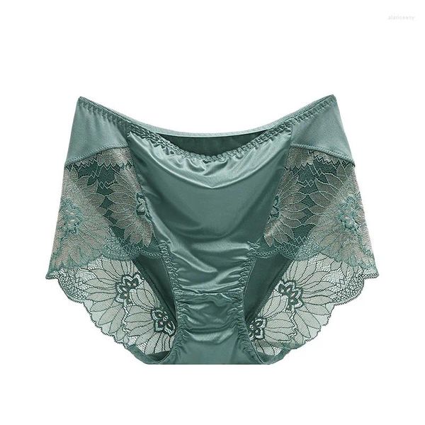 Damenhöschen Frauen Luxus Spitze Blumenstickerei Exquisite Sexy Hohl Satin Hohe Elastizität Atmungsaktive Mittlere Taille Unterwäsche Breifs