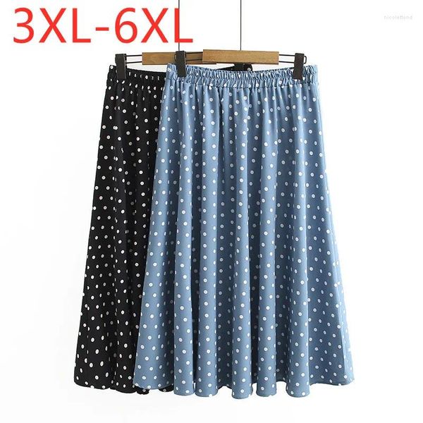 Юбки 2024, женская летняя юбка-миди больших размеров для женщин, большая свободная трапециевидной формы, хлопковая, синяя, черная, в горошек, плиссированная, 3XL, 4XL, 5XL, 6XL