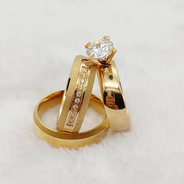 Anéis Exclusivos 3 PCS Conjuntos de Anéis de Noivado de Casamento para Casais Homens e Mulheres Amantes Banhado a Ouro 24k Jewery Cz Anel de Diamante