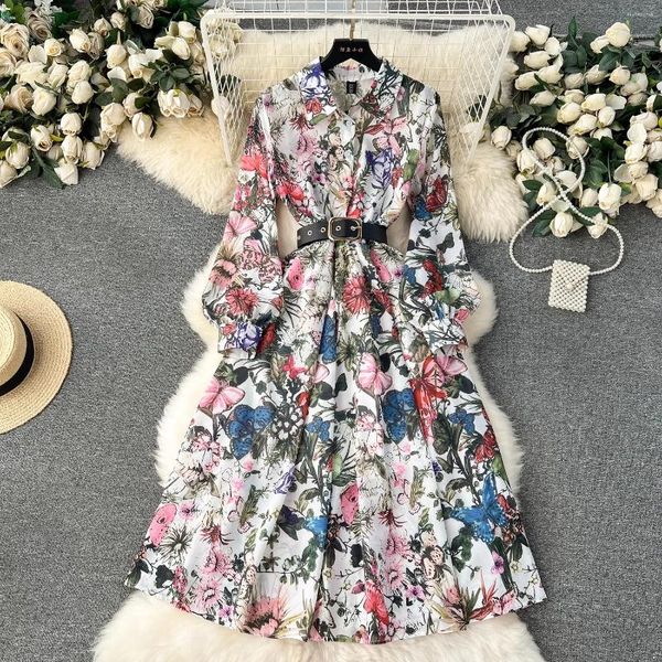 Vestidos casuais mulheres lapela colarinho camisa vintage vestido primavera pista plissada manga longa retro flor impressão senhoras midi com cinto 2076