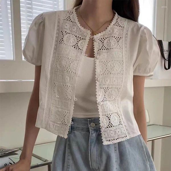 Damenblusen WDMSNA Chic Sommer Rundhalsbluse Frauen Solid Hook Lace Cut Out Cardigan Blusas Korean Puff Short Sleeve White Shirt