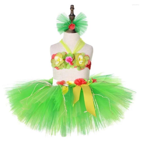 Set di abbigliamento Luau Hawaiian Grass Hula Tutu Gonna Set Flower Neonate 3 pezzi Bambini Halloween Pool Party Birthday Outfit 1-8Y
