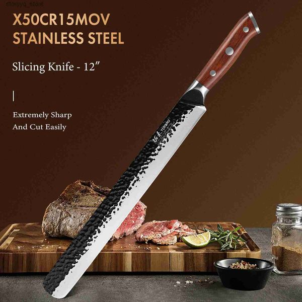 Coltelli da cucina TURWHO Coltello per affettare forgiato a mano giapponese X50Cr15MoV Coltelli da cucina in acciaio inossidabile per tagliare carne Pesce Prosciutto Torta Strumento di cottura Q240226