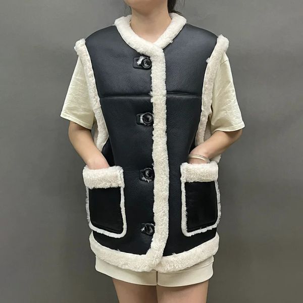 Jacken 2023 Echtes Schaffell Lammfell Weste Frauen Echt Leder Gilet Dicke Warme Winter Stehkragen Crop Weste NOB5892