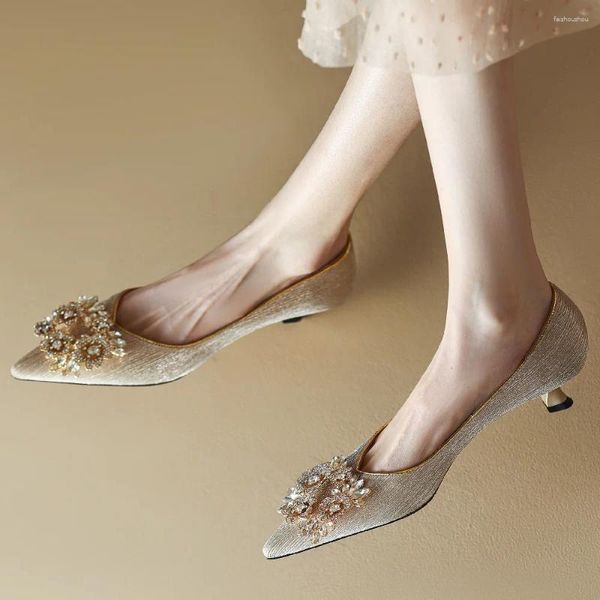 Elbise ayakkabıları bahar sonbahar kore tarzı moda kalın topuklu ayakkabı ayak parmağı sığ bling kristal slip-on gerçek deri kadın modern pompalar