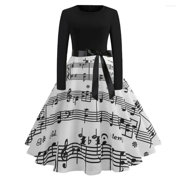 Casual Kleider Frauen Langarm Winter Vintage Sexy Schwarz Musik Note Drucken V-ausschnitt Rockabilly Pin Up Party Kleid Vestidos Plus größe