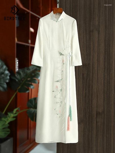 Ethnische Kleidung Birdtree Maulbeerseide Chinesischer Stil Edle Kleid Frauen Elegante Retro Quaste Mesh Spleißen Schlank Cheongsam Frühling D41323QC