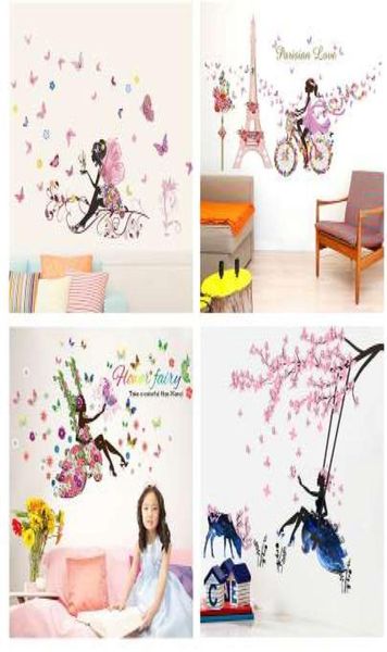 Borboleta flor fada adesivos de parede para quartos infantis decoração do quarto diy decalques de parede dos desenhos animados mural arte pvc cartazes crianças 039s gi3512084