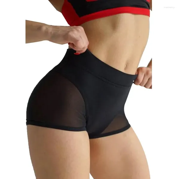 Damen-Shorts, hohe Taille, einfarbig, elastischer Bund, durchsichtiges Mesh-Patchwork, dehnbare Sporthose für Yoga, Fitnessstudio, Tanz, Workout