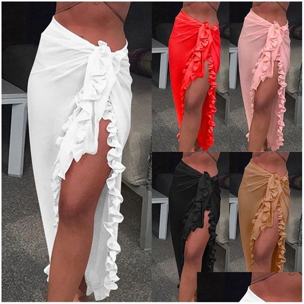 Mulheres Swimwear Mulheres Chiffon See-Through Beach Bikini Er Up Sunsn Wrap Scarf Shawl Sarong Vestido Sólido Ruffle Casual Drop Delivery Dhqig