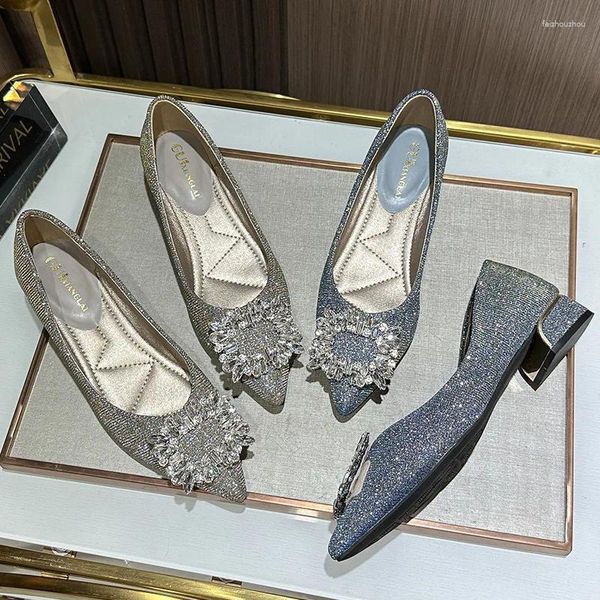 Scarpe eleganti 2024 Moda Primavera Donna Punta a punta Kawaii Elegante Casual Tacchi spessi 3 cm Tacco alto Bling Strass Femminile A piedi nudi