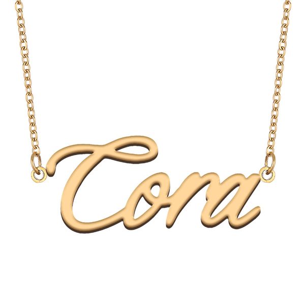 Collana con nome Cora Ciondolo con targhetta personalizzata per donne Ragazze Regalo di compleanno Bambini Migliori amici Gioielli Acciaio inossidabile placcato oro 18k