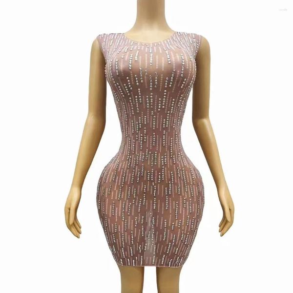 Palco desgaste sexy nude malha transparente prata strass estiramento sem mangas vestido noite aniversário celebrar traje baile de formatura mostrar vestidos