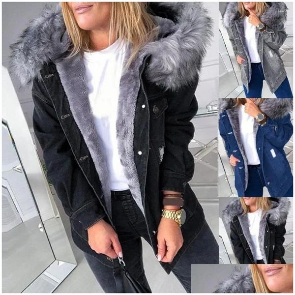 Kadın Ceketleri Kadın Ceketler Kış Kadınlar Uzun Kollu Sahte Kürk Kaput P Sıcak Ceket Yırtık Düğmeler Denim Ceket 2024 Moda Sıradan Damla Ot0ho