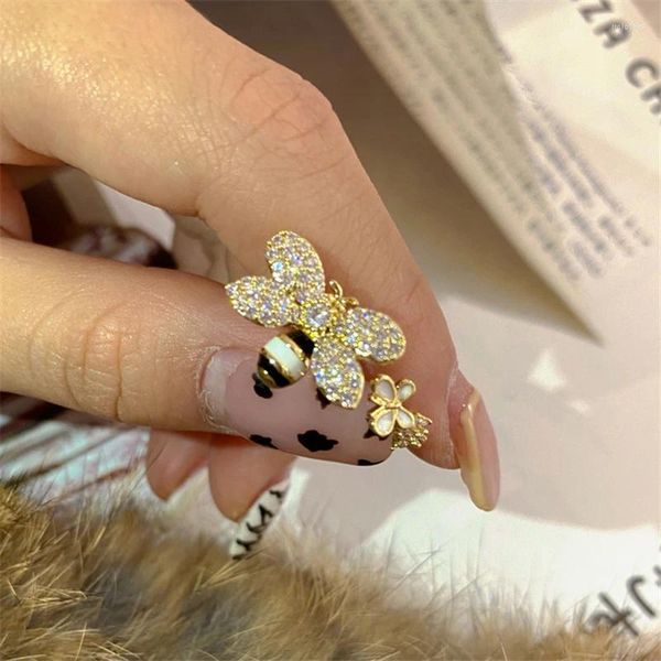 Cluster-Ringe, japanischer und koreanischer kreativer Spaß, Biene, natürlicher Zirkon, Persönlichkeit, goldener offener Ring, Festival, Party, Geschenk, Sterlingsilber-Schmuck