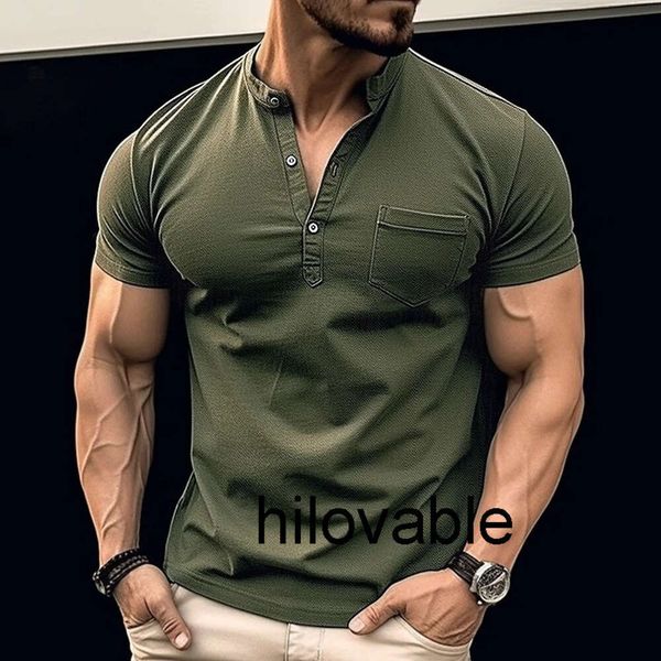 Модная мужская футболка без логотипа hilovable, рубашка Генри с коротким рукавом, топ с карманной наклейкой, воротник-стойка, модный базовый стиль