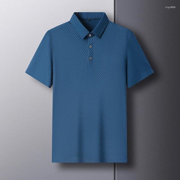 Polos masculinos high-end verão sem costura lapela camisa polo negócios cor sólida padrão xadrez design de moda camiseta de manga curta M-4XL