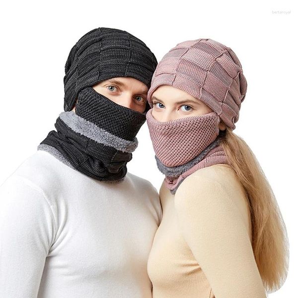 Berets Chapéu de malha Cachecol Máscara Kit Homens Outono Inverno Veludo Proteção de Ouvido Mulheres Térmica Skullies Beanies