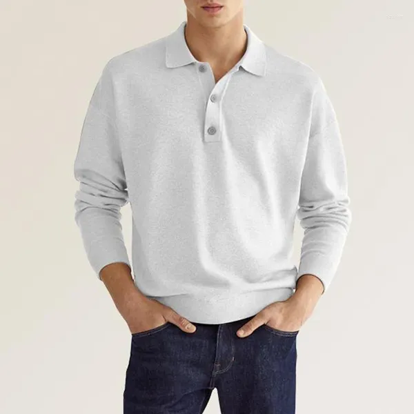 Polos masculinos outono inverno solo manga longa camisa polo com decote em v botão casual camiseta para homens roupas de grife