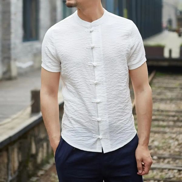 Camicia estiva da uomo vintage colletto alla coreana manica corta top tinta unita slim fit bottoni con nodo cinese tradizionale 240219