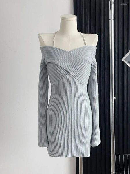 Kadın Örgü Kadın Örgü Sweater Elbise Bayanlar İnce Uzun Kollu Diz Uzunlukta Yarık Kayış Seksi Sonbahar Kış Y2K Tasarım Ofis Kalemi