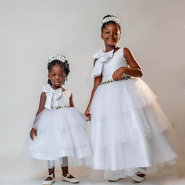 Prenses Çiçek Kız Elbise Çocuklar İçin İlk Cemaat Düğün Banguet Pageant Doğum Günü Partisi Top Etkinlik Tören Tül Boncuklu Yay Elbise