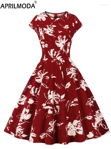 Vestidos de festa floral impressão verão vintage balanço vestido casual para mulheres retro manga curta 1950s estilo aniversário vermelho preto pista
