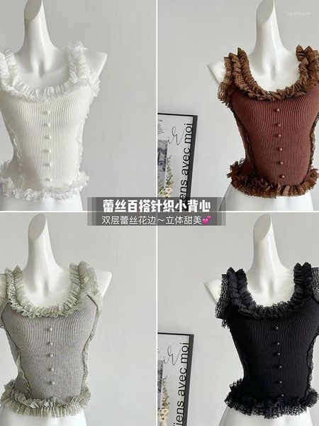 Танки Женщины Женщины простой твердый урожай от плеча Vintage Basic Camisole Fashion Lace Vest Streetwear Случайная улица Гьяру Кокетт Хай -стрит