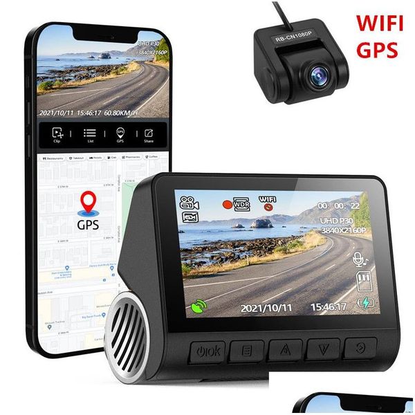 Dvr per auto V55 Dash Cam Ips da 3 pollici GPS integrato Wifi 1080P Fotocamera con doppio obiettivo Dashcam Videoregistratore grandangolare Consegna notturna a goccia Dhtgr