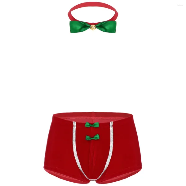 Underpants Mens Veludo Roupa Interior Térmica Natal Feriado Fantasia Cosplay Traje Mid Rise Bulge Bolsa Boxer Shorts com Bowtie