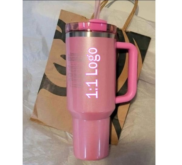 Target Winter Pink Shimmery H2.0 Copos de água para viagem Novos copos de 40 onças com aço inoxidável, tampas e canudos Copo de café 1: 1 Mesmo com logotipo