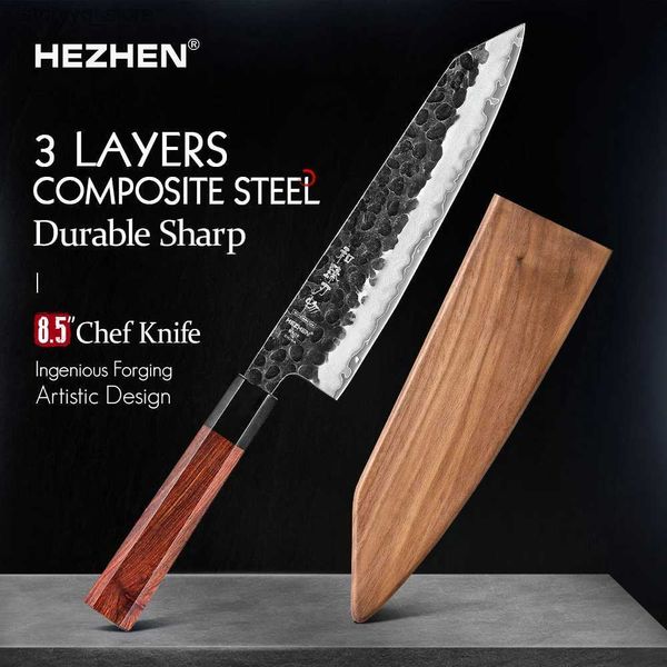 Facas de cozinha Hezhen Série Retro Chef Faca de três camadas de aço composto de aço inoxidável vermelho madeira lidar com facas de cozinha Q240226
