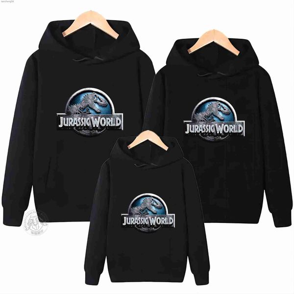 Família combinando roupas 2023 nova família jogo moletom manga longa mundo jurássico pai-filho solto com capuz topos dinossauro hoodies camisas quentes