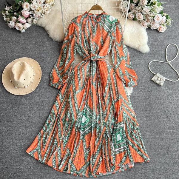 Vestidos casuais primavera outono elegante e vintage feriado vestido longo manga feminina suporte pescoço cintura mostrar fino a-line impressão com cinto